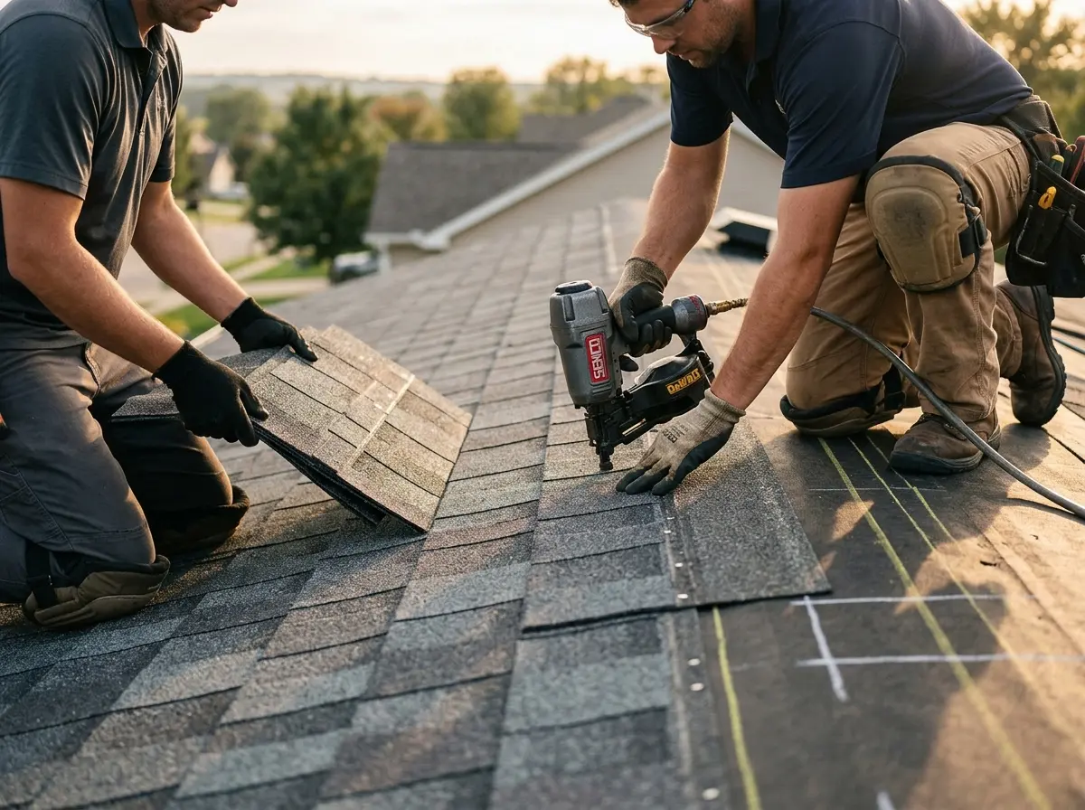 Professional roofer working on a residential roof in Center Point